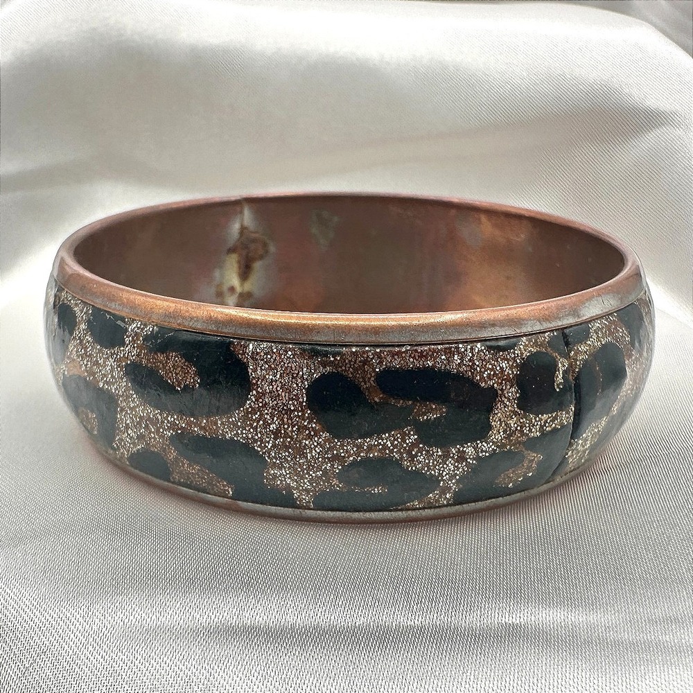 Vintage‎ 80s Leopard Bangle Wide Cheetah Animal Print Sparkle Bracelet Jewelry